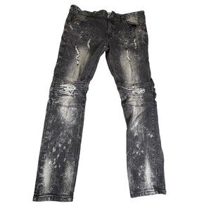 Kilogram Jeans Mens FITS 36x31 Black Acid Wash Skinny Slim Distressed Biker
